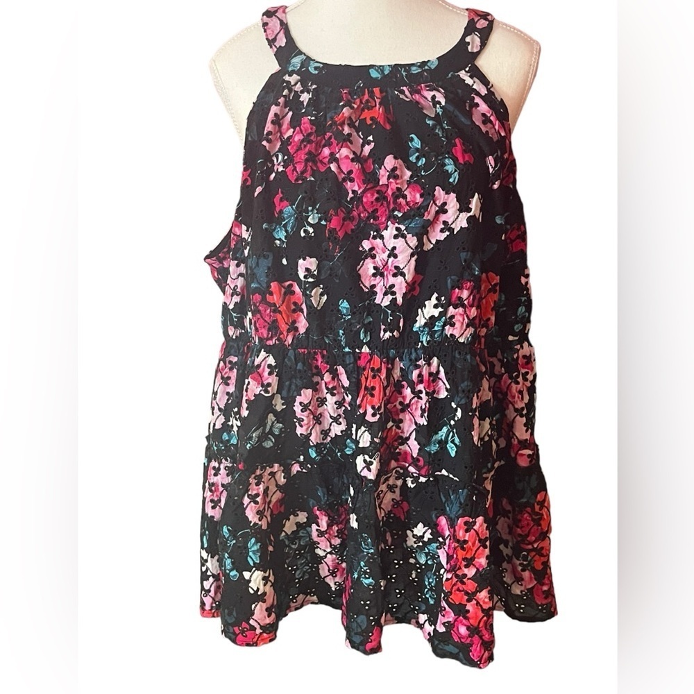Torrid long length sleeveless dressy tank black eyelet keyhole back tunic length
